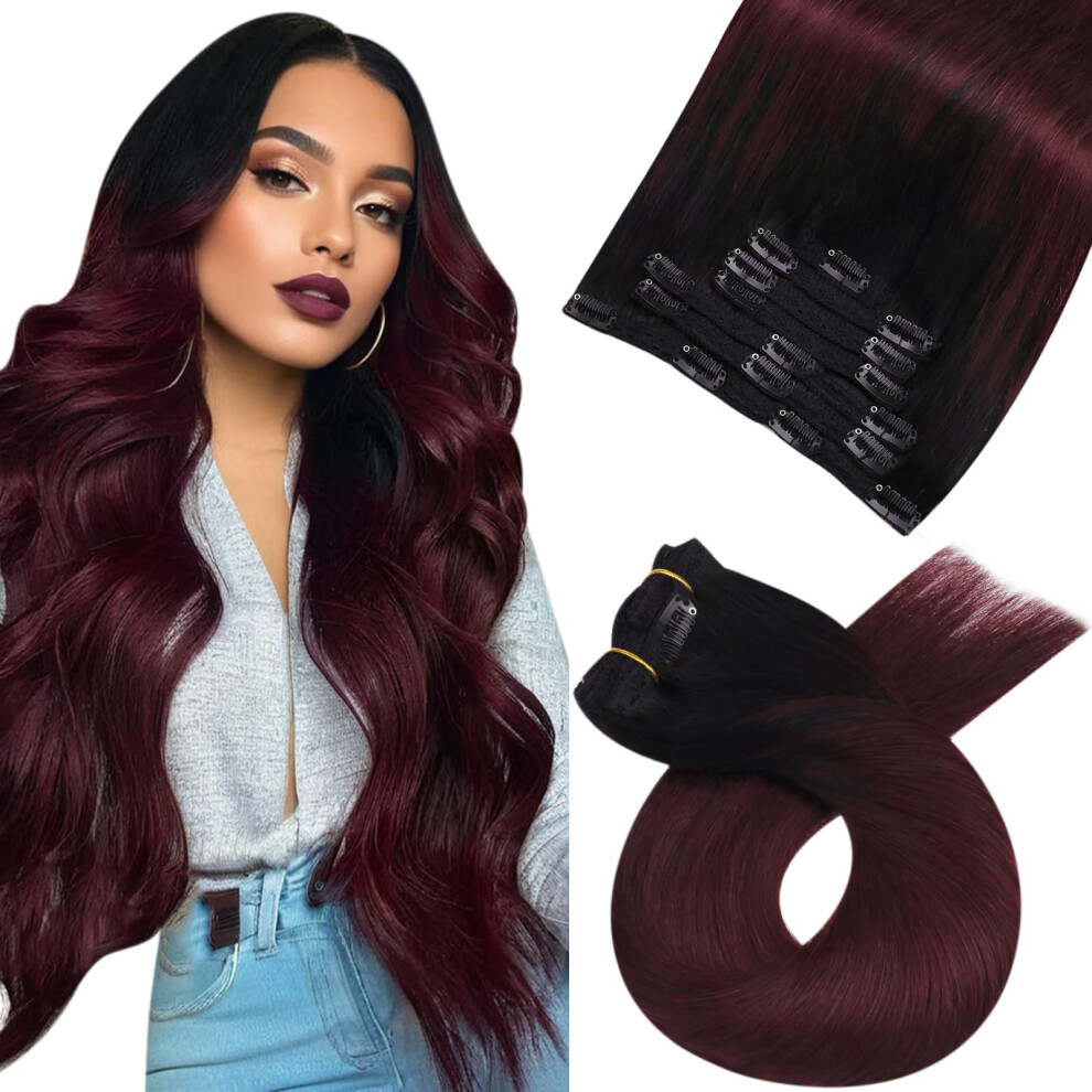 Moresoo Unisex Black,Red Clip In Hair Extensions Burgundy Balayage Hair Extensions Clip Ins Ombre Natural Black To Deep Red Wine Natural Human Hair Clip In Extensions