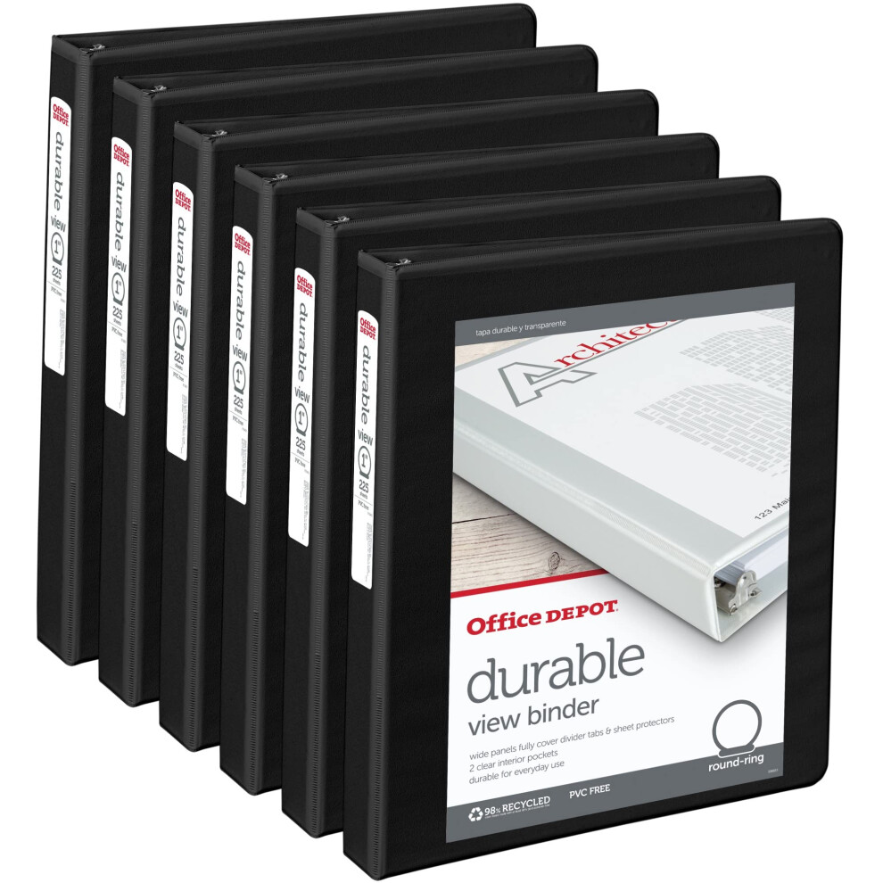 Office Depot Brand Durable Round-Ring View Binders  1"""" Rings  Black  Pack of 6 Binders