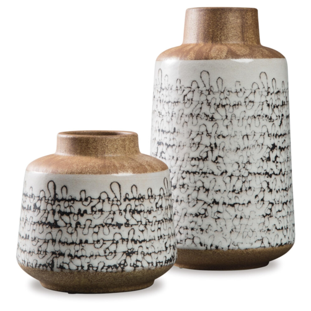 Signature Design by Ashley Megan Ceramic & Wood 2 Piece Decorative Vase Set Light Brown & Black