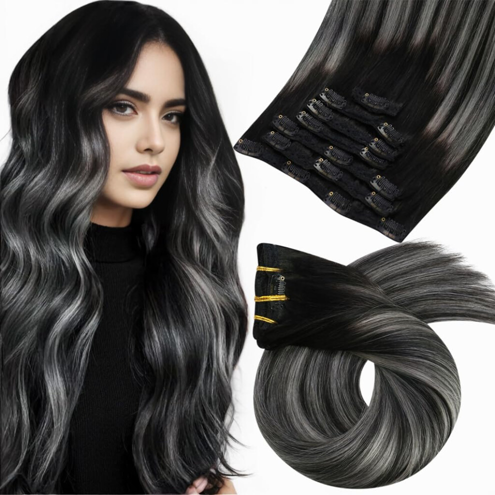 Moresoo Unisex Black,Silver Clip In Hair Extensions Real Human Hair Balayage Black To Silver Hair Extensions Clip In Human Hair Ombre Double Weft Clip In Human Hair Exten