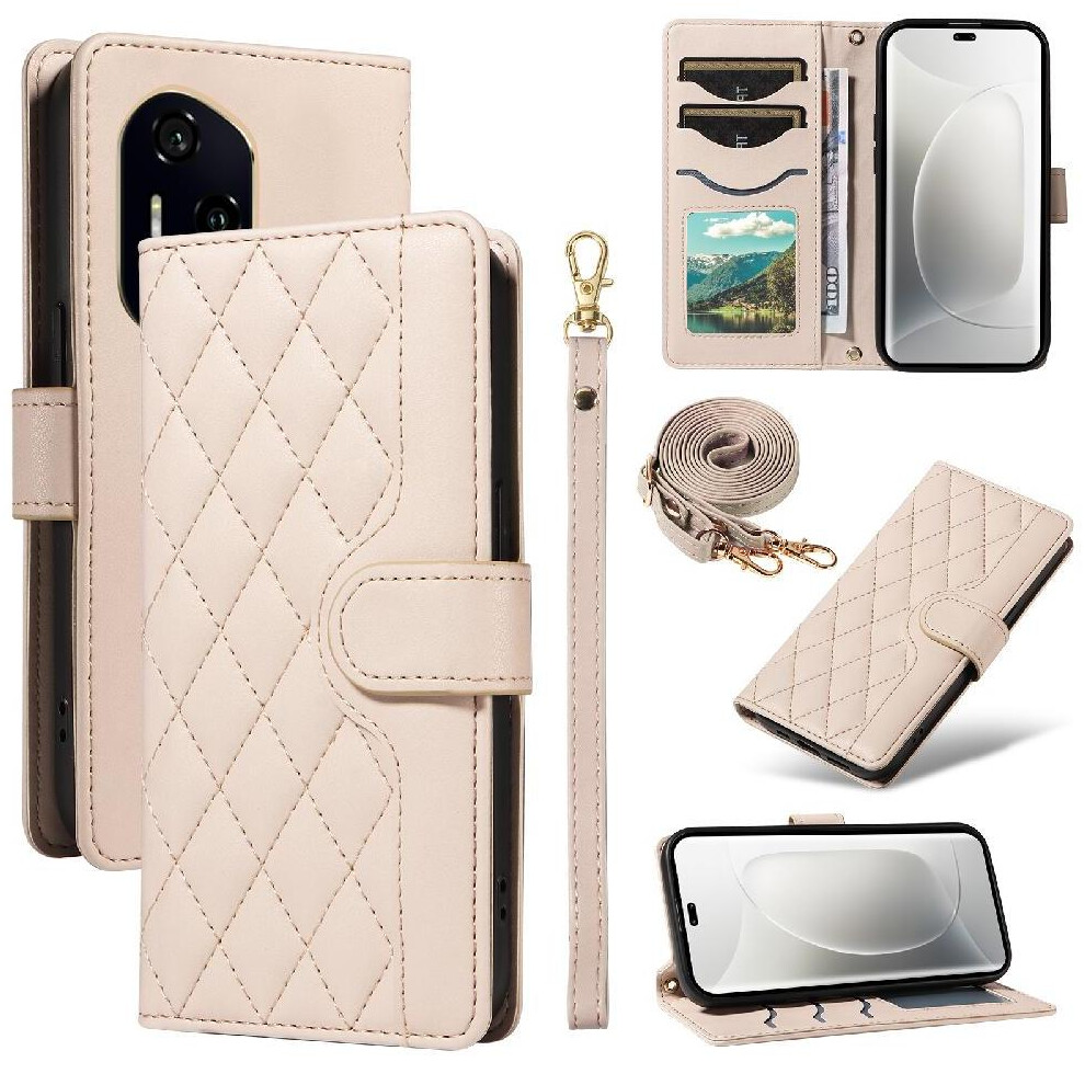 (Creamy ) Flip Case For Honor 300 Ultra Detachable Wrist Strap And Long Lanyard Lattice Flip Folio Phone Case With Stand Wallet Card Slots White 764490328838