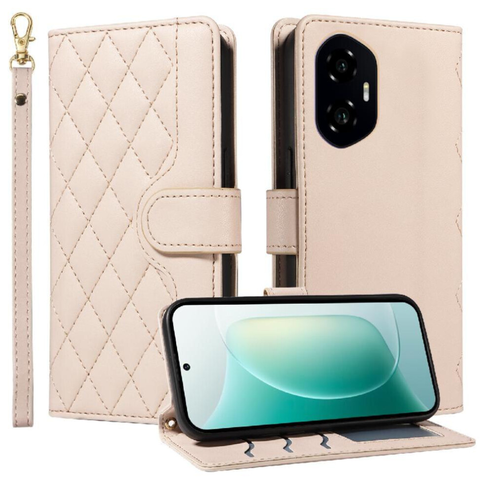 (Creamy ) Flip Case For Honor 300 5G Lattice Flip Folio Phone Case With Stand Wallet Card Slots Detachable Wrist Strap And Long Lanyard White 764490329002