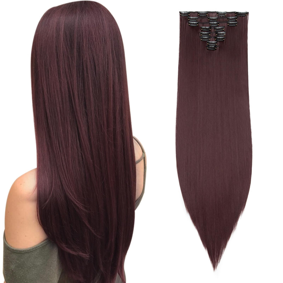 Benehair Clip In Hair Extensions 8Pcs 26Inch Long Straight Synthetic Hairpieces Wine Red Hair Extensions Double Weft Hairpieces For Women Full Head Co