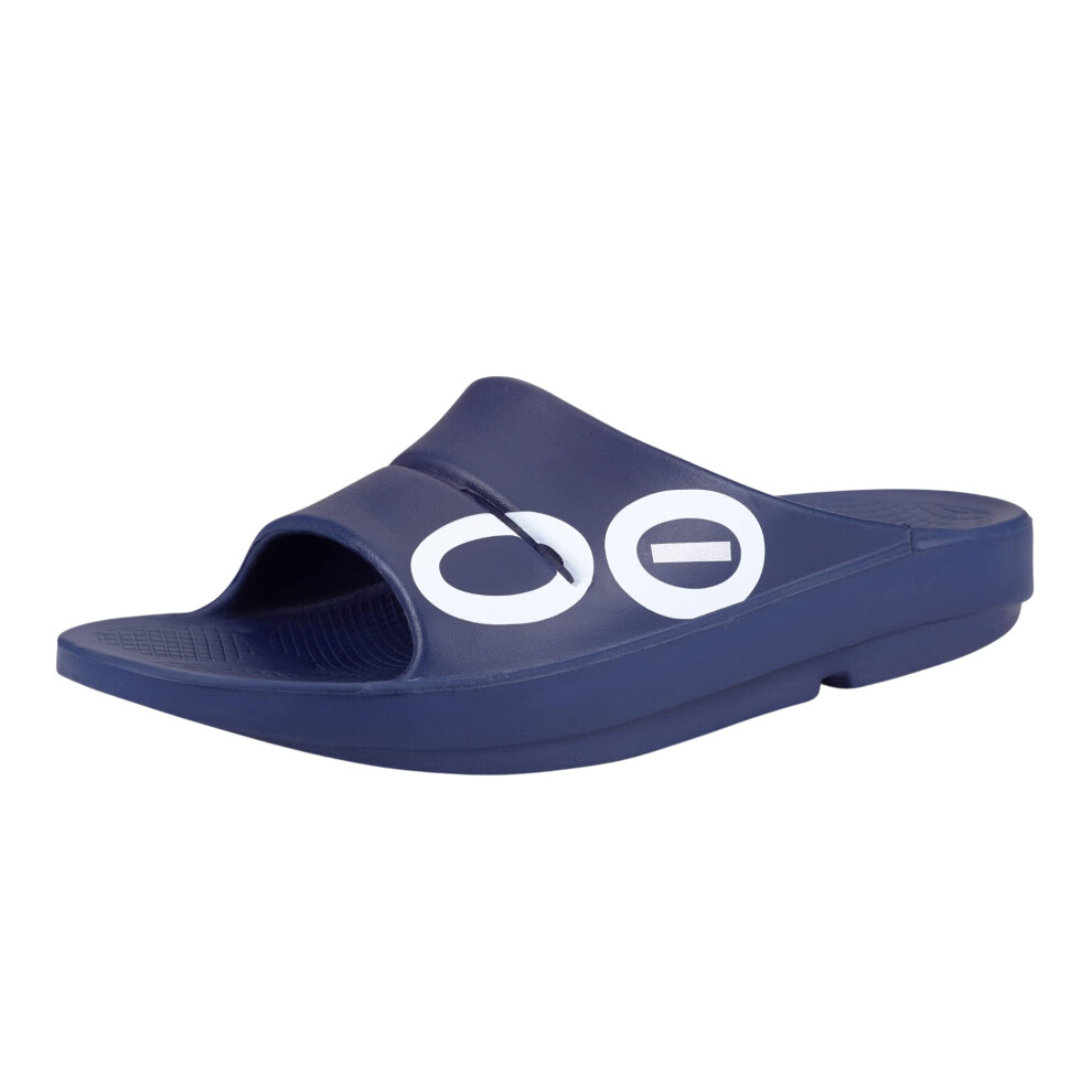 OOFOS OOahh Sport Slide Sandal Navy White - Mens Size 5 Womens Size 7 - Lightweight Recovery Footwear - Reduces Stress on Feet Joints & Back - Mach