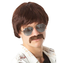 Peruca de Homem ALLAURA 60s 70s Castanho Curto + Bigode Sonny Hippie | Fantasia Sonny Bono