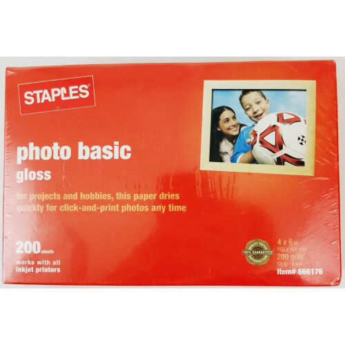 Staples Staples Photo Basic Gloss 4x6 200 Sheet Pack 53lb 9mil 666176