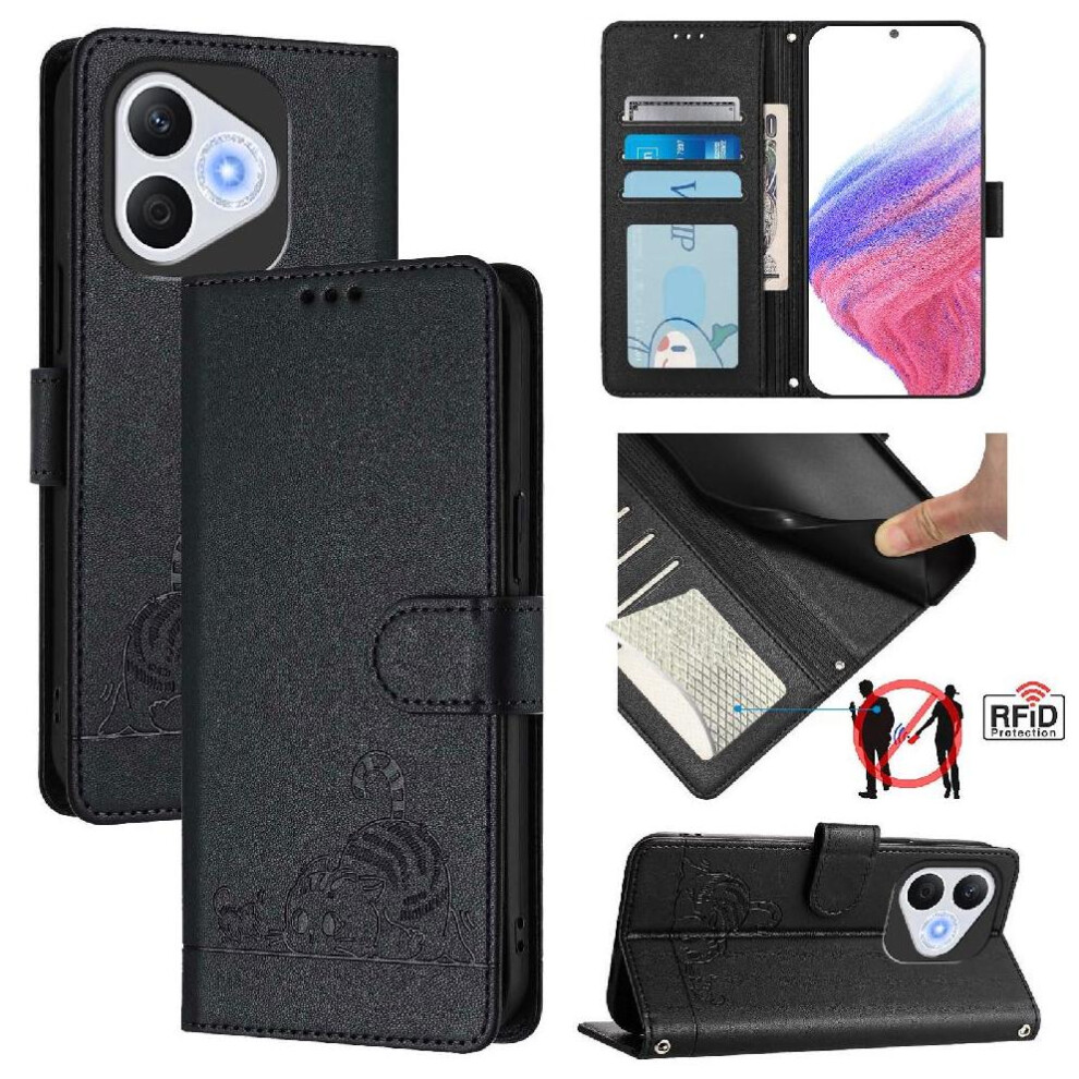 (Black) Case For Honor 400 Lite Wallet Flip Cover Cat Rfid Card Slot Holder Kickstand Black 764490329460