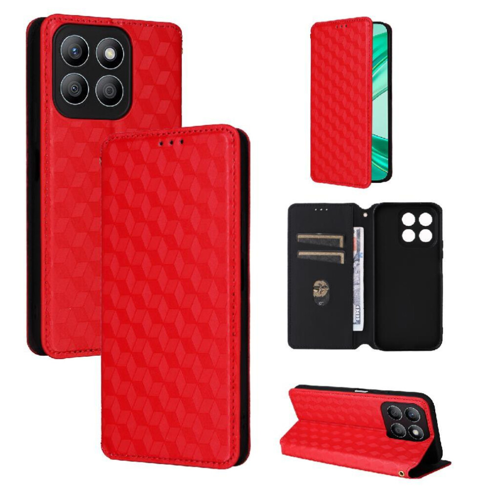 (Red) Case For Honor X8c 4G Magnetic Closure Card Slots Holder Pu Leather 3D Pattern Wallet Red 764490329835