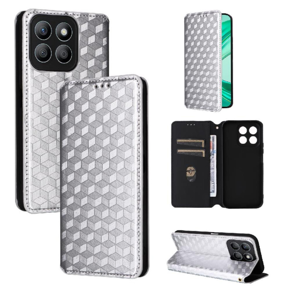 (Silver) Case For Honor X8c 4G Magnetic Closure Card Slots Holder Pu Leather 3D Pattern Wallet Silver 764490329811