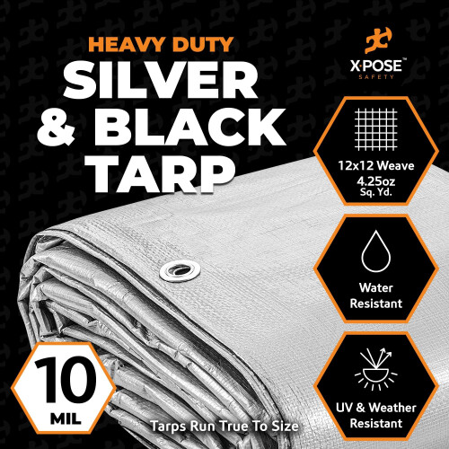 Ανθεκτική Πολυ Τάπα - 6' x 8' - 10 Mil Παχύ Waterproof, UV Blocking - Αναστρέψιμη Ασημί και Μαύρη 1