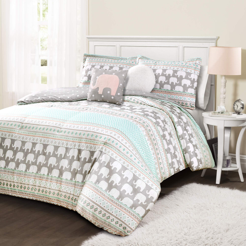 Parure de lit 5 pi   ces avec couette et motif    l   phant ray    rose et turquoise Lush Decor, pour lit double ou queen size