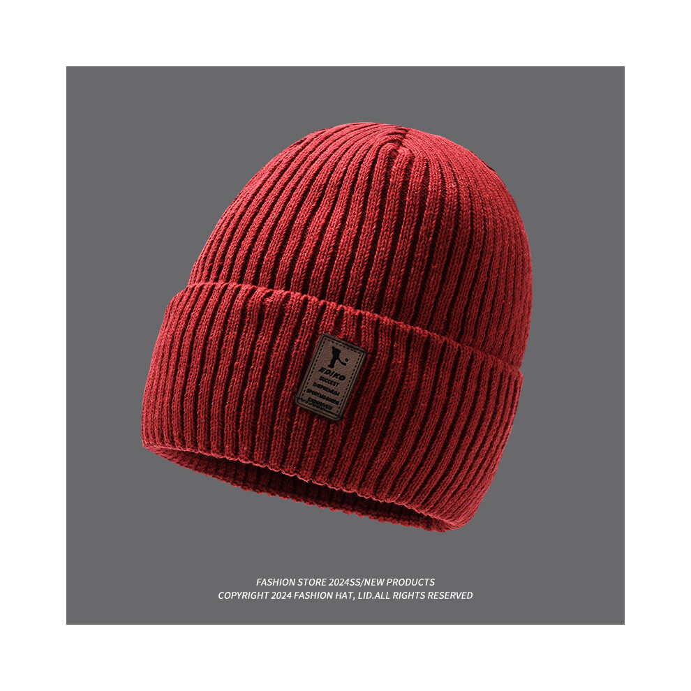 (Burgundy) Knitted Thick Beanie Hat Winter Warmth Unisex Cap Windproof Gift Solid Color Red