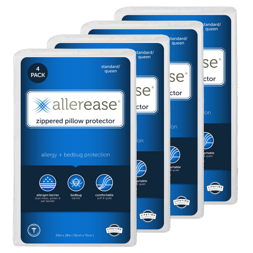 Set of 4 King AllerEase Pillow Protectors - Moisture Wicking  Advanced Allergy Protection - Premium Polyester  Zippered Protectors