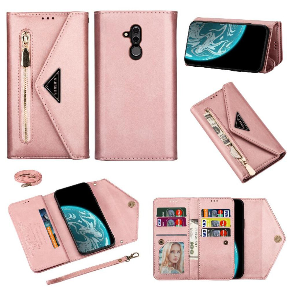 (Rose ) Zipper Pocket Case For Huawei Mate 20 Lite Wrist Strap Kickstand Protective Cover Crossbody Strap Shockproof Gold 764490331722