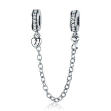 925 Sterling Silver Safety Chain Charm Bead Love Heart Flower Snowflake Bow Clear CZ Cryster Stopper Lock Clip Prlor (C)