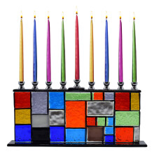 Ner Mitzvah Glasmänorah - Multikolor Chanukah Menorah - Handgjord Målad Glas Menorah