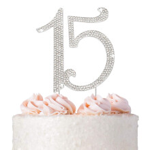 Topo de Bolo 15 - Metal Prata Premium - Aniversário ou Festa de 15 Anos - Topo de Bolo Quinceanera com Rhinestones