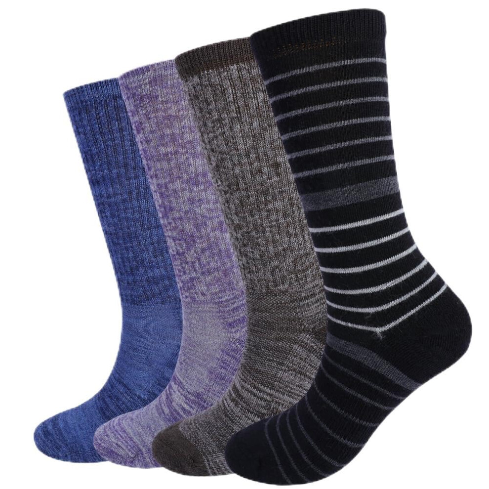 Lot de 4 paires de chaussettes de randonn   e en laine m   rinos pour femme EnerWear (pointures 39-46, violet/bleu/rayures noires/caf   )