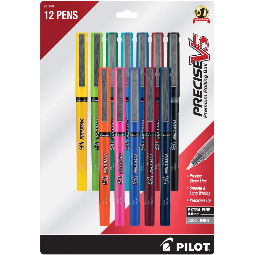 Stylos Bille Roulante Pilot Precise V5 Encre Liquide Avec Capuchon, Pointe Extra Fine 0,5 Mm, Couleurs Assorties, Lot De 12-image