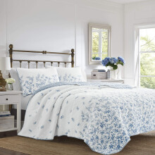 Laura Ashley Home - Queen Quilt Set Reversible Cotton Bedding with Matching Shams Pre-Washed Home Decor for Added Softness (Flora Blue Queen)