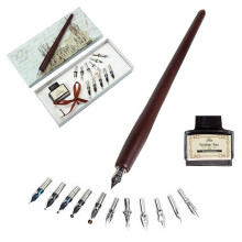 Kalligraphie-Stifte-Set  Holz-Tauchstift, handgefertigtes Kalligraphie-Set mit 11 Federn und schwarzer Tinte
