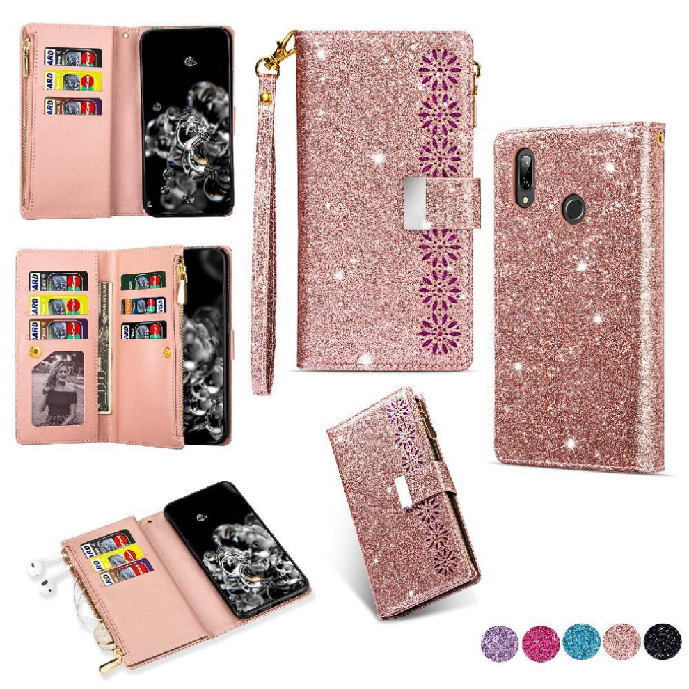 (Rose ) Glitter Wallet Case For Huawei P20 Lite Card Holder Wallet Case Kickstand Magnetic Zipper Pocket Wrist Strap Gold 764490333443