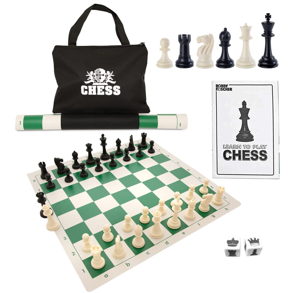 WE Games Best Value Tournament Chess Set - Includes 34 Chess Pieces  Roll Up Vinyl Chess Board  Chess Pieces  Chess Bag and Equalizer Dice  Travel Che-image-OPC-PGBS7DH-NEW