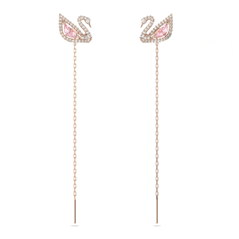 Boucles d'oreilles perc   es pour femme Swarovski Dazzling Swan, motif cygne, cristaux roses et blancs, tige plaqu   e or rose et cha   nes amovibles