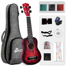 WINZZ HAND RUBBED Series - 21 Inches Soprano Ukulele Vintage Hawaiian with Online Lessons Bag Tuner Strap Extra Strings Fingerboard Sticker Red