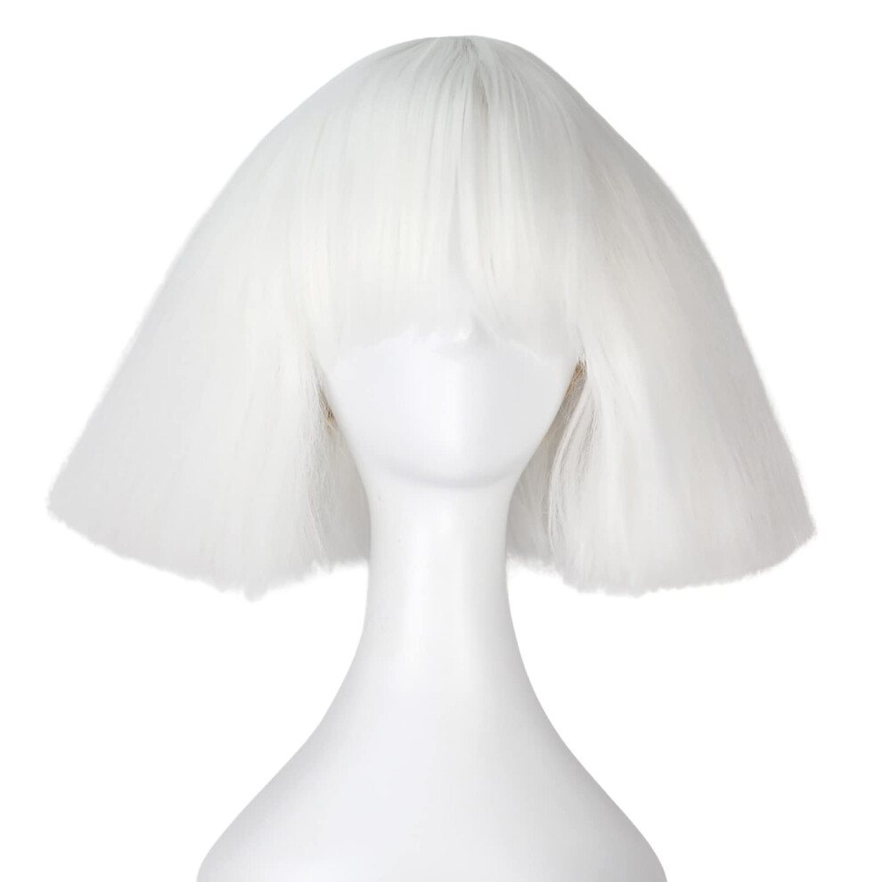 Icos-Panasonic Icos Short Kinky Straight Hair Wig For Women White Fluffy Bob Wig With Bangs Punk Halloween Cosplay Costume Wig