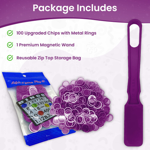 MR CHIPS Μαγνητική Ράβδος & 100 Μωβ Πλαστικά Τσιπ για Bingo - Αναβαθμισμένα Τσιπ 1
