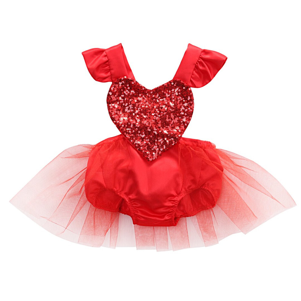 Barboteuse pour nouveau-n   fille, robe tutu, manches volant  es, paillettes c  ur, combinaison, tenue d'  t  , 0-3 ans (0-6 mois, rouge)