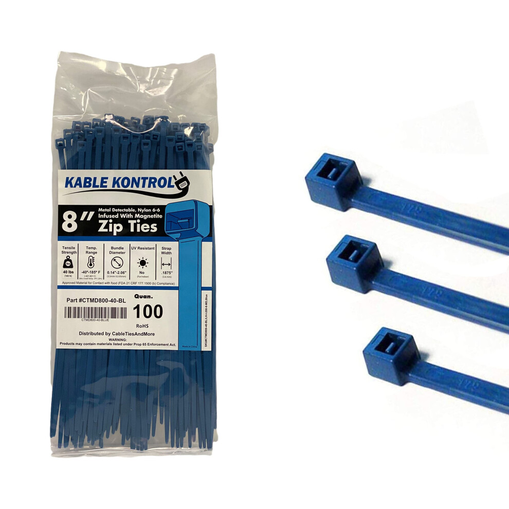 Kable Kontrol Metal Detectable Zip Ties - 8 Inch Long - Blue - 40 Lbs Tensile Strength - 100 Pcs/Pack | Iron Impregnated Nylon 6-6 | Durable | C 618559632025
