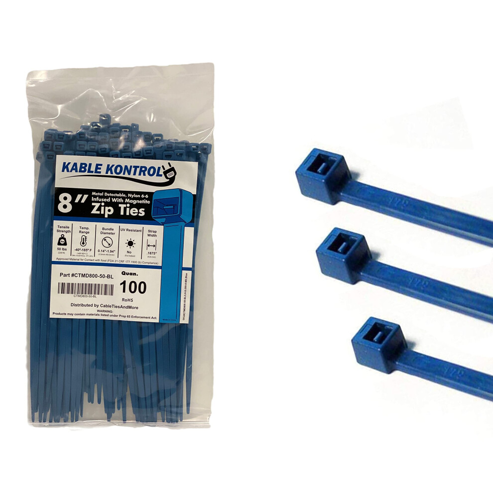 Kable Kontrol Metal Detectable Blue Zip Ties 100 Pcs 8 Inch 50 Lbs Tensile Strength Iron Infused Self-Locking Industrial Cable Ties 618559632063