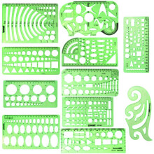 ipxead 11-delige geometrische tekensjabloon meetliniaal transparant groen plastic liniaal met draagbare plastic zak voor studeren, ontwerpen en bouwe