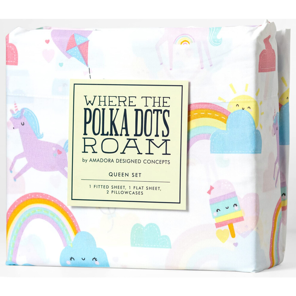 Where The Polka Dots Roam Regenbogen Und Einhorn 4-Teiliges Bettlaken-Set | Superweiche Premium-Bettw Sche F R Kinderzimmerdekor, Bettw Sche-Set-image
