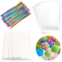 Lollipop Cake Pop Treat Bag Set inklusive 100 stk pakkeposer Papery Treat Sticks Farverige metalliske twist -bånd til at lave Lollipops Cake Pops