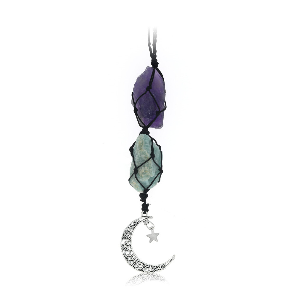 Boho Garden Hanging Car Charm - Amethyst & Amazonite - Dangling Moon & Healing Crystal Accessories Rearview Mirror Decorations - Balance Intuition 672975848231