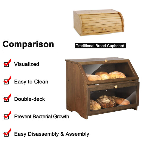 HOMEKOKO Double Layer Large Bread Box for Kitchen Counter  Wooden Large Capacity Bread Storage Bin (Brown) 2