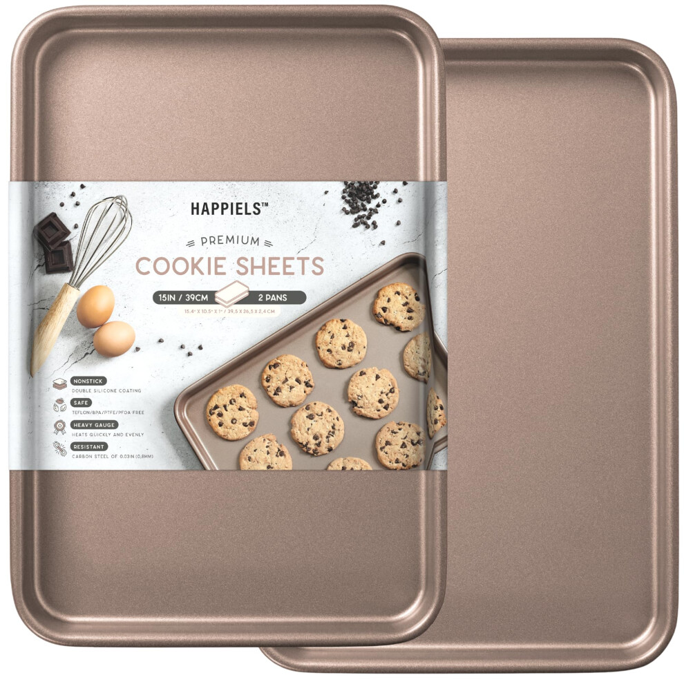 HAPPIELS 10 x 15 inches Non Toxic Non Stick Baking Sheet Set of 2 | Nonstick Cookie Sheets for Baking | Premium Quality Baking Pan Set | Jelly Roll Pa