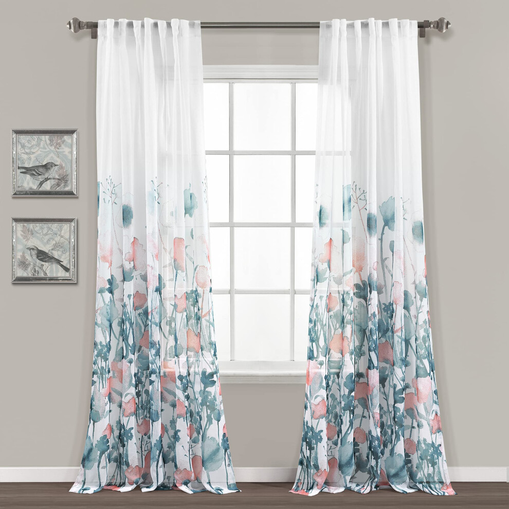 Paire De Rideaux Transparents Zuri Flora De Lush Decor, 213 Cm De Long X 96 Cm De Large, Bleu Et Corail-image