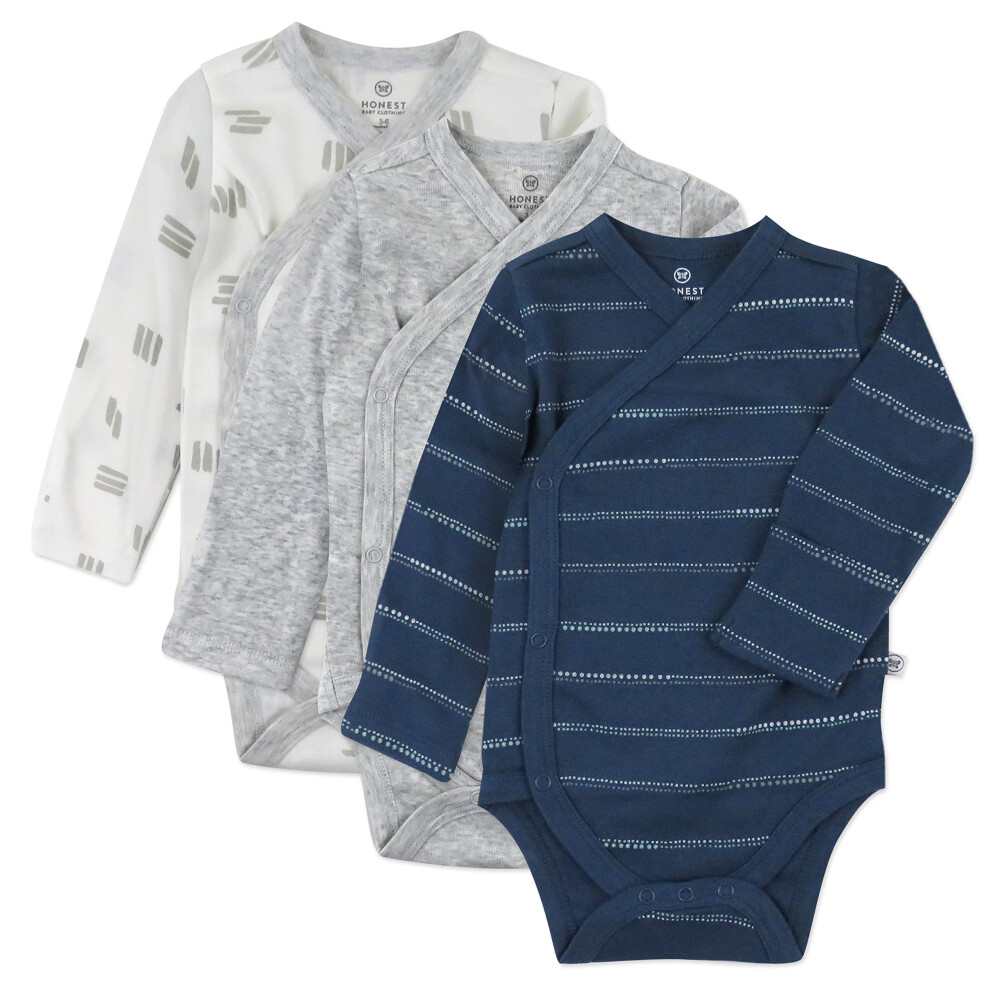 Honestbaby Unisex Baby 3Er-Pack Bio-Baumwolle Langarm-Kimono-Bodys Mit Seitlichem Druckknopf Und Kleinkind-T-Shirt-Set Mit Gepunkteten Streifen Marine-image
