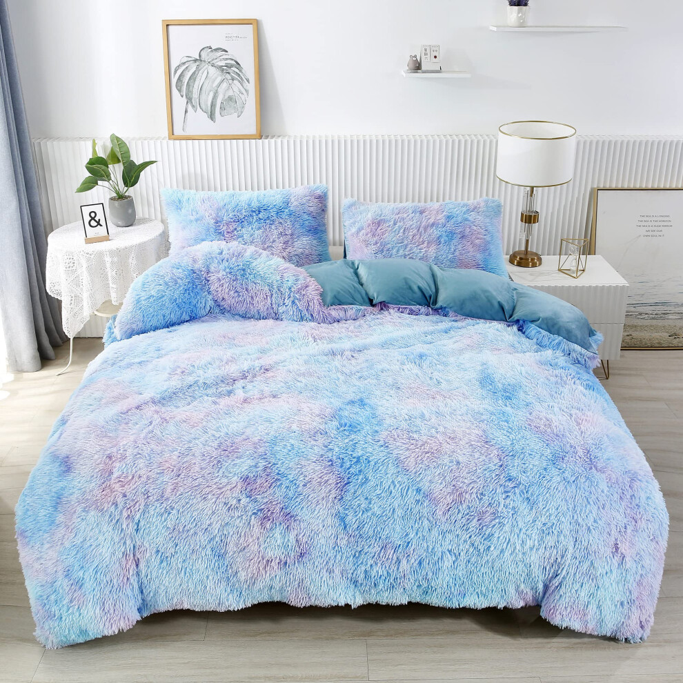 Parure de lit RYNGHIPY en fausse fourrure ultra douce pour fille, housse de couette en flanelle de velours et peluche tie-dye bleue avec 2 taies d'ore