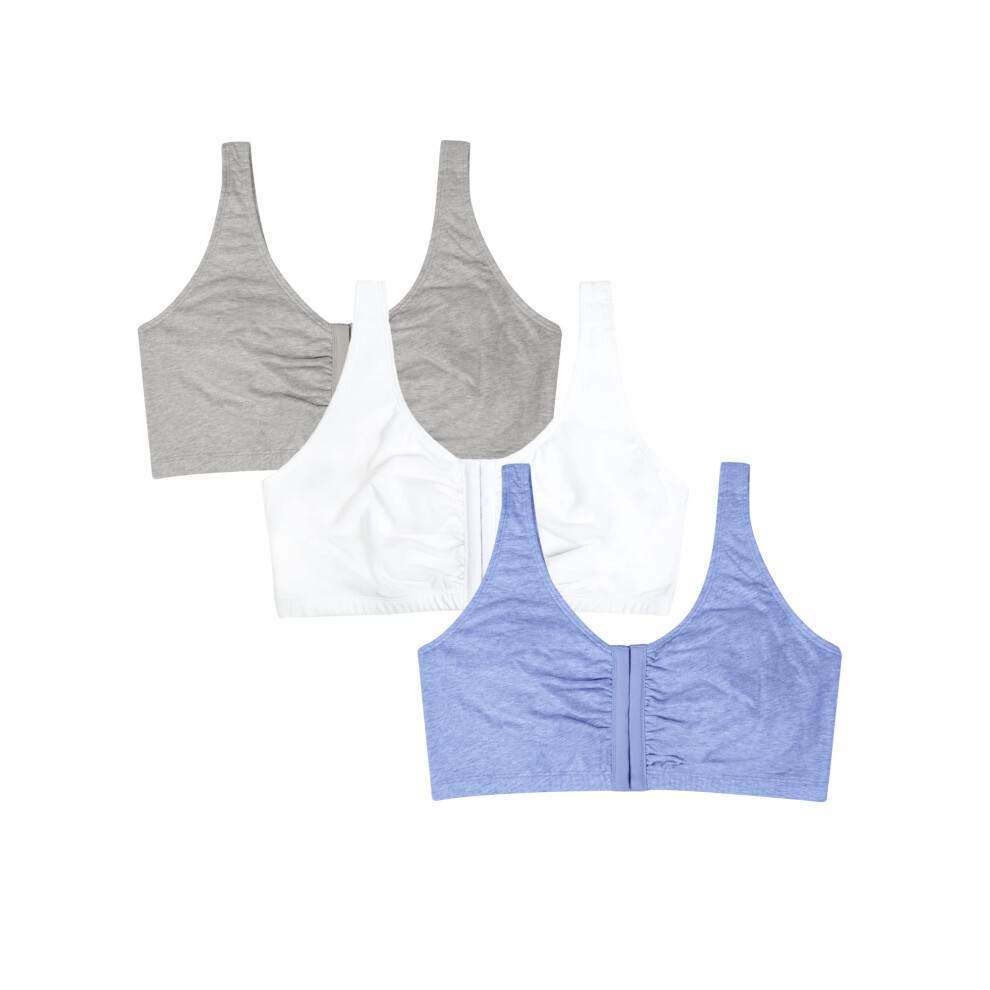 Fruit of the Loom Women's Front Closure Cotton Bra  Blue Gem Heather/White/Grey 3-Pack  48
