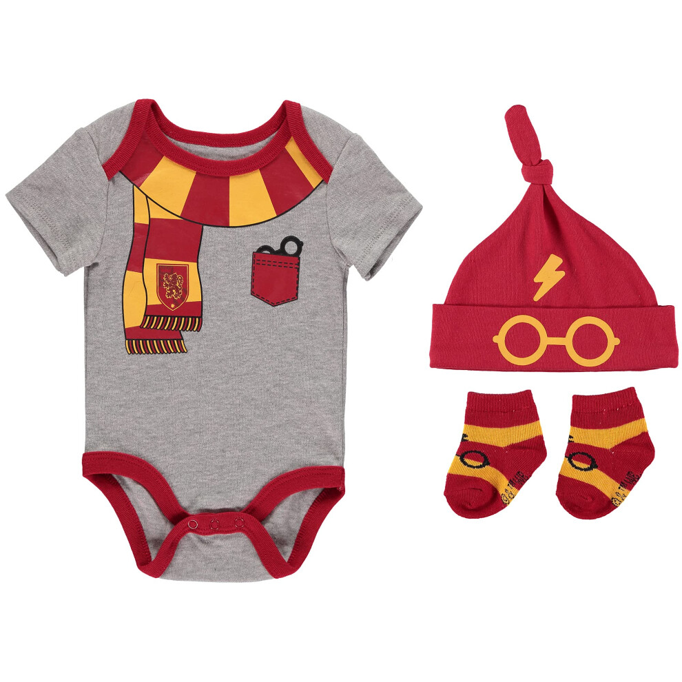 Harry Potter Baby Boys Clothing 3-Piece Set with Bodysuit  Hat  and Socks Gifts Baby Clothes (3 Pack Grey/Red/Yellow  6-9M)