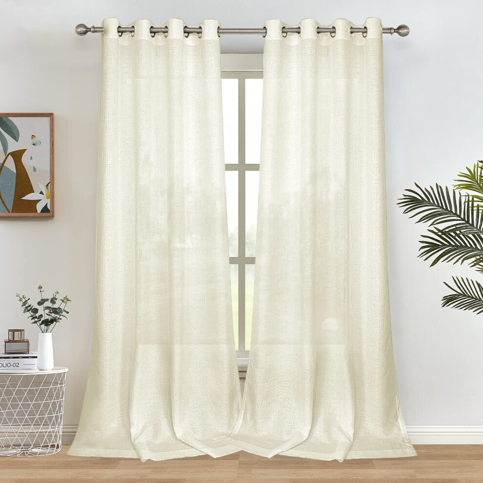 Melodieux Halbtransparente Vorhange, 160 Cm Lange, Fur Wohnzimmer Und Schlafzimmer, Flachsleinen, Sen, Cremefarben/Gelb, Voile-Vorhange, 132 X 1-image