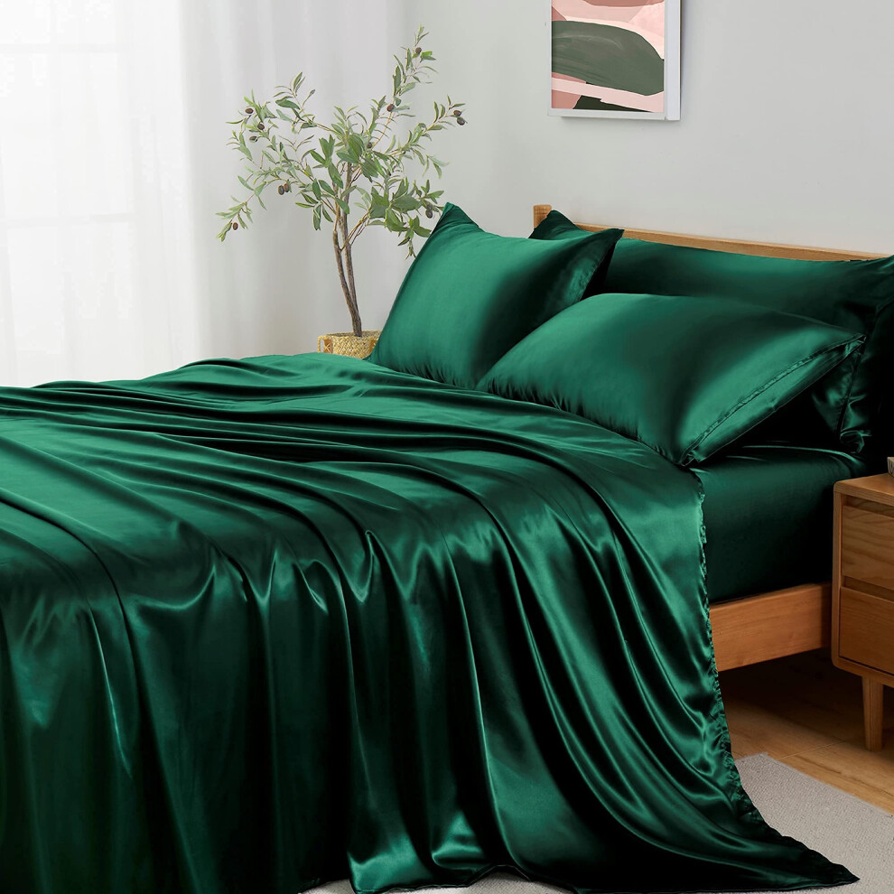 Parure de lit de luxe Entisn 5 pi   ces en satin soyeux pour lit Queen Size, vert noir   tre, draps respirants et ultra doux. Comprend 1 drap-housse,