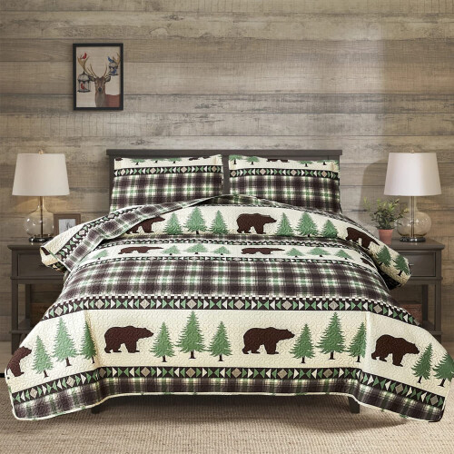 Conjunto de Colchas Junsey Cabin Bear Tamanho Full/Queen, Leve e Estampado