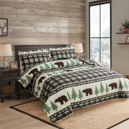 Conjunto de Colchas Junsey Cabin Bear Tamanho Full/Queen, Leve e Estampado 2