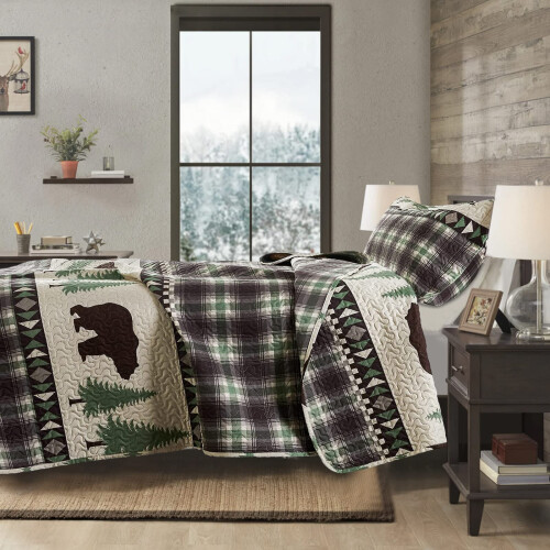 Conjunto de Colchas Junsey Cabin Bear Tamanho Full/Queen, Leve e Estampado 1